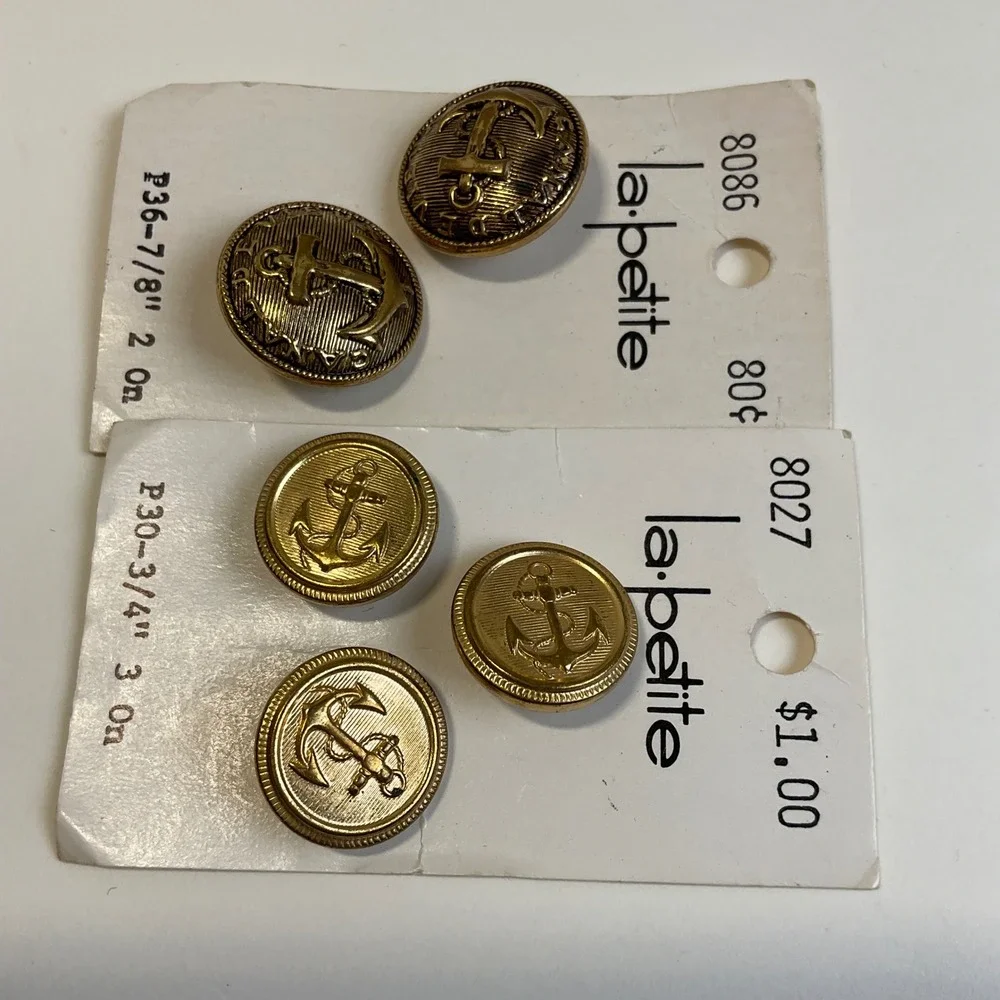 Vintage La Petite Brass Tone Anchor Buttons Nautical 7/8 and 3/4 Inch Lot of 5